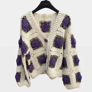 Women's Knit Cardigan with 3D Floral Crochet, Casual Long Sleeve Handknitted Cozy Sweater for Everyday Elegance