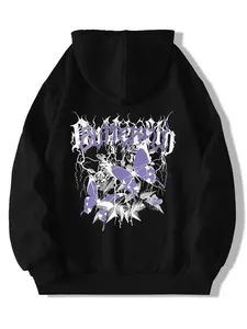 Men's Butterfly & Letter Print Drop Shoulder Hoodie, Fashion Casual Regular Fit Drawstring Pocket Hooded Sweatshirt for Daily Holiday Outdoor Wear, Me Sweatshirt, Hoodie, Comfort Colors