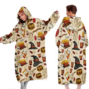 Hoodie blanket, wearable blanket, Cozy hooded blanket, women's fleece-lined bathrobe, women's pajamas, thickened loungewear with a treasure chest ghost print, patchwork women's winter nightgown, a holiday gift for mothers, a Christmas gift for wives