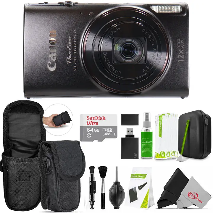 Canon PowerShot ELPH 360 HS A Digital Camera (Black) + SanDisk Ultra 64GB microSDXC Memory Card with SD Adapter + Compact Protective Carrying Case + Professional Cleaning Kit + Memory Card Reader