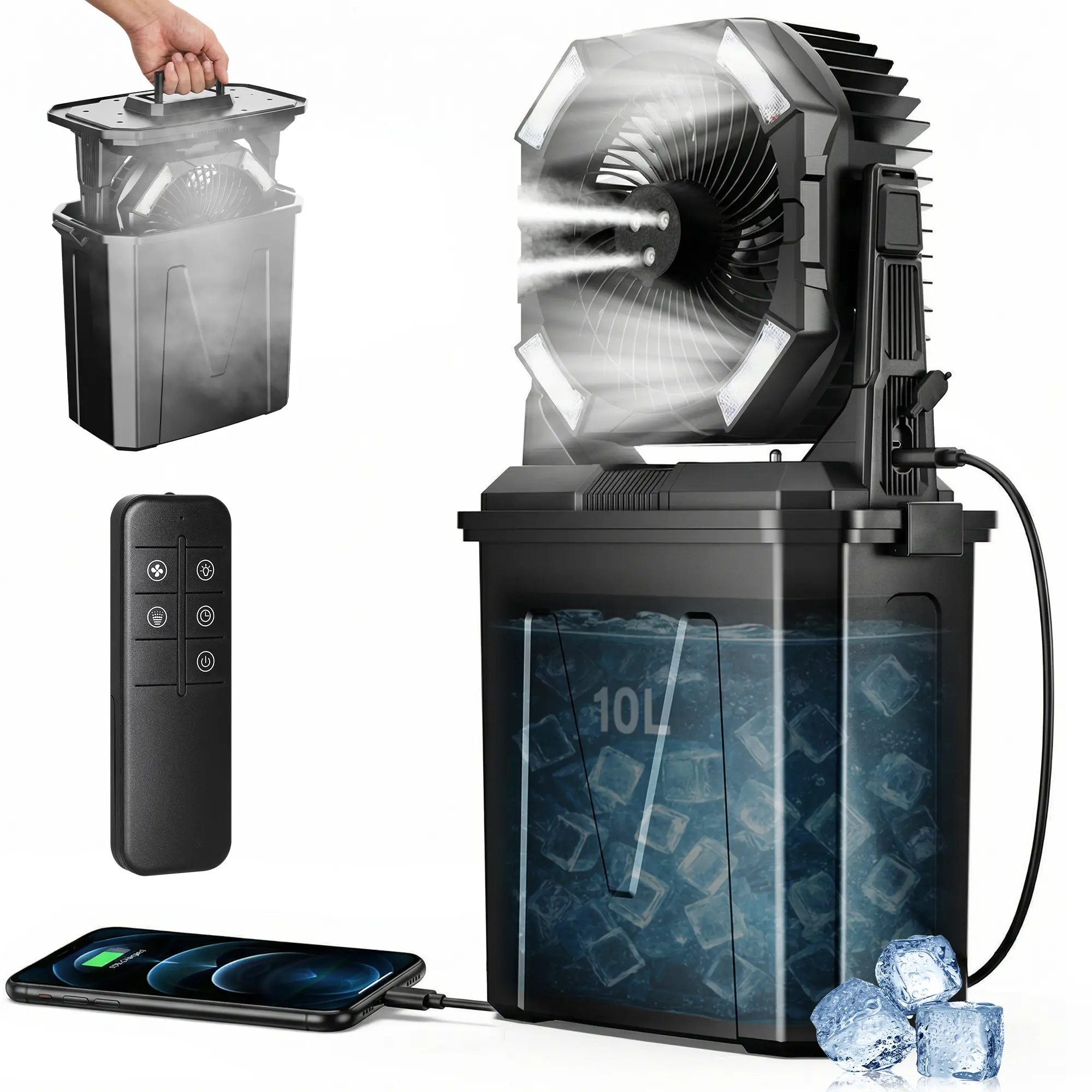 Rechargeable Misting Fan (Portable & Battery-Powered Variant) - 20000mAh, 10L Water Tank, 4.6m/s High Speed, 3-Level LED Lights, Remote Control, 15-60H Run Time, Ideal for Camping, Beach, Portable Fans, Battery-Powered Portable Fans