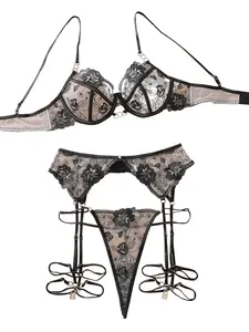 Luxury Date Night: Sheer Floral Lace Lingerie Set with Buckle for Unforgettable Romantic Evenings