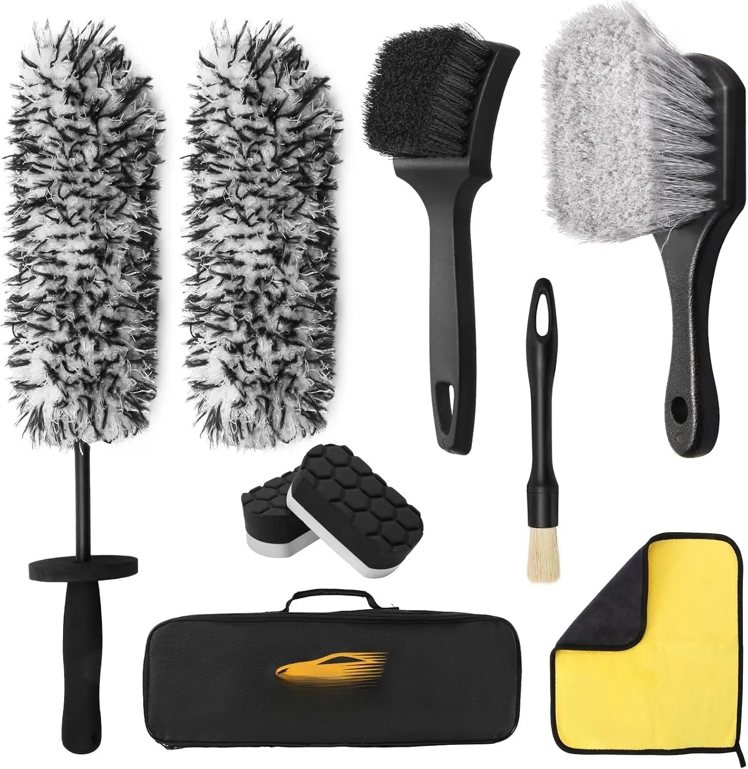 9 count Scratch-Free Wheel Cleaning Kit - Soft Rim Brush, Microfiber Flat Brush,  Detail Brush, Cleaning Pads, Towel & Storage Bag | for Sedans, SUVs,  & ATVs