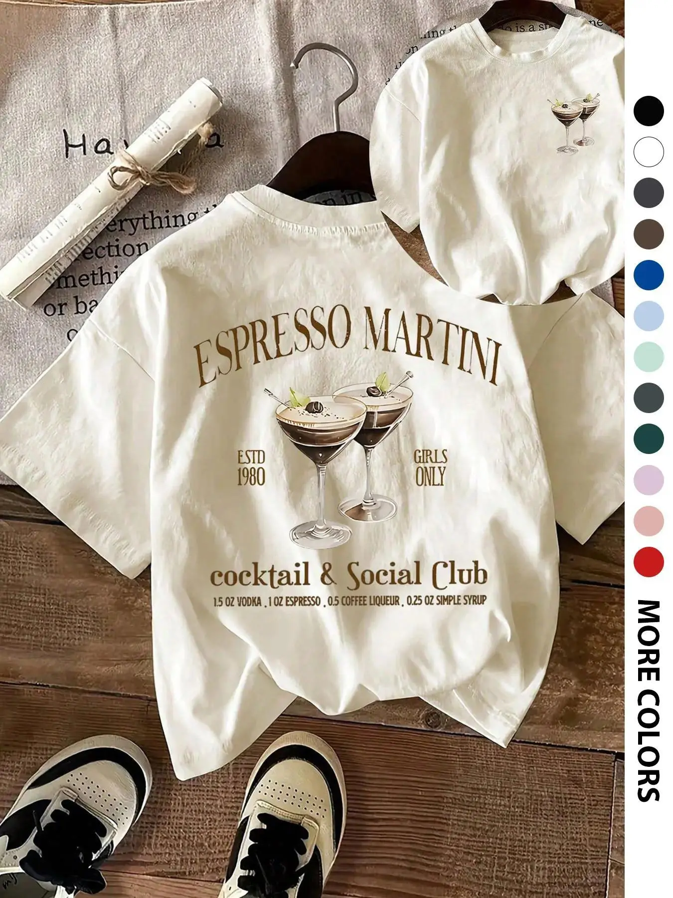 Women's Vintage Espresso Martini Cocktail Social Club Graphic T-Shirt - Oversized Crew Neck, Short Sleeve Cotton Streetwear, "Girls Only" Retro Print, Bachelorette Aesthetic Top for Cocktail Lovers, t shirts for women