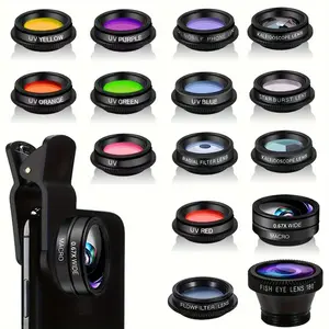 15-in-1 Phone Camera Lens Kit, Universal Wide Angle Clip + Fish Eye + Starburst + CPL + 3/6 Million Flower + Radial Filter + Red + Blue + Pink + Purple + Yellow + Orange + Green Filters, Aluminum Alloy, for iPhone, Samsung and Other Android