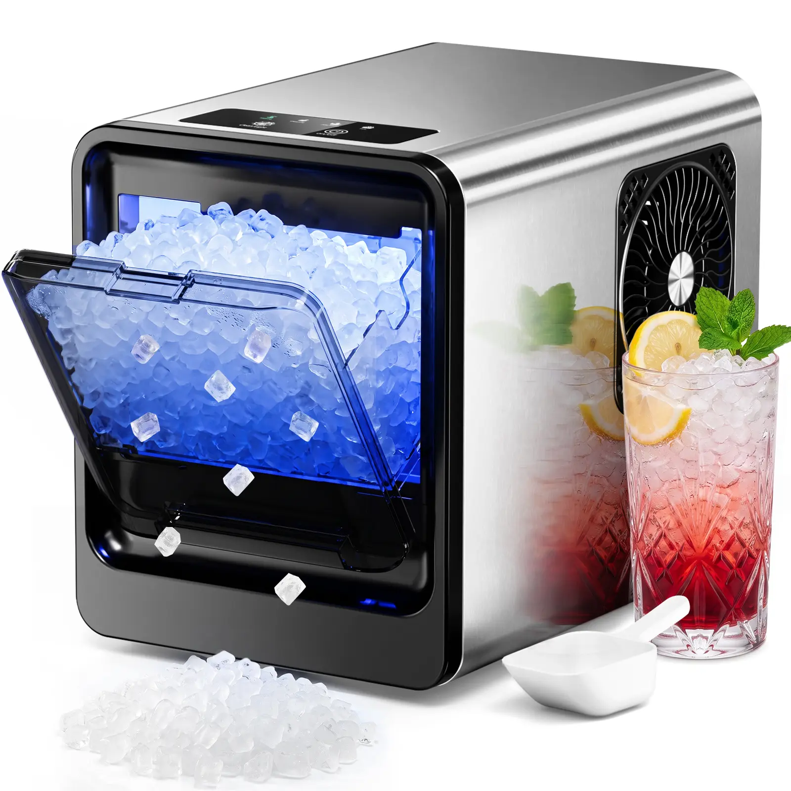 Antarctic Star Countertop Nugget Icemakermachine - 35Lbs/24H, 5 Mins Ice Ready, Low-Noise, 2 Water Fill Ways, Self-Cleaning, Timer, Double-Door, with Scoop&Basket, Kitchen Appliances for Home Office