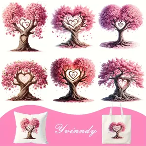 6 Pcs Heart Tree Heat Transfer Vinyl Patches Valentine's Day Iron on Stickers for T Shirts Bags Washable High Definition Printing Decals