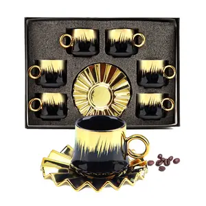 6-Piece Ottoman-Style Turkish Coffee Cup Set with Saucers, 3.5oz Ceramic Espresso Cups, Gold-Plated Rim, Black & Gold Design, Black Gift Box with Window, Ideal for Turkish Coffee, Espresso