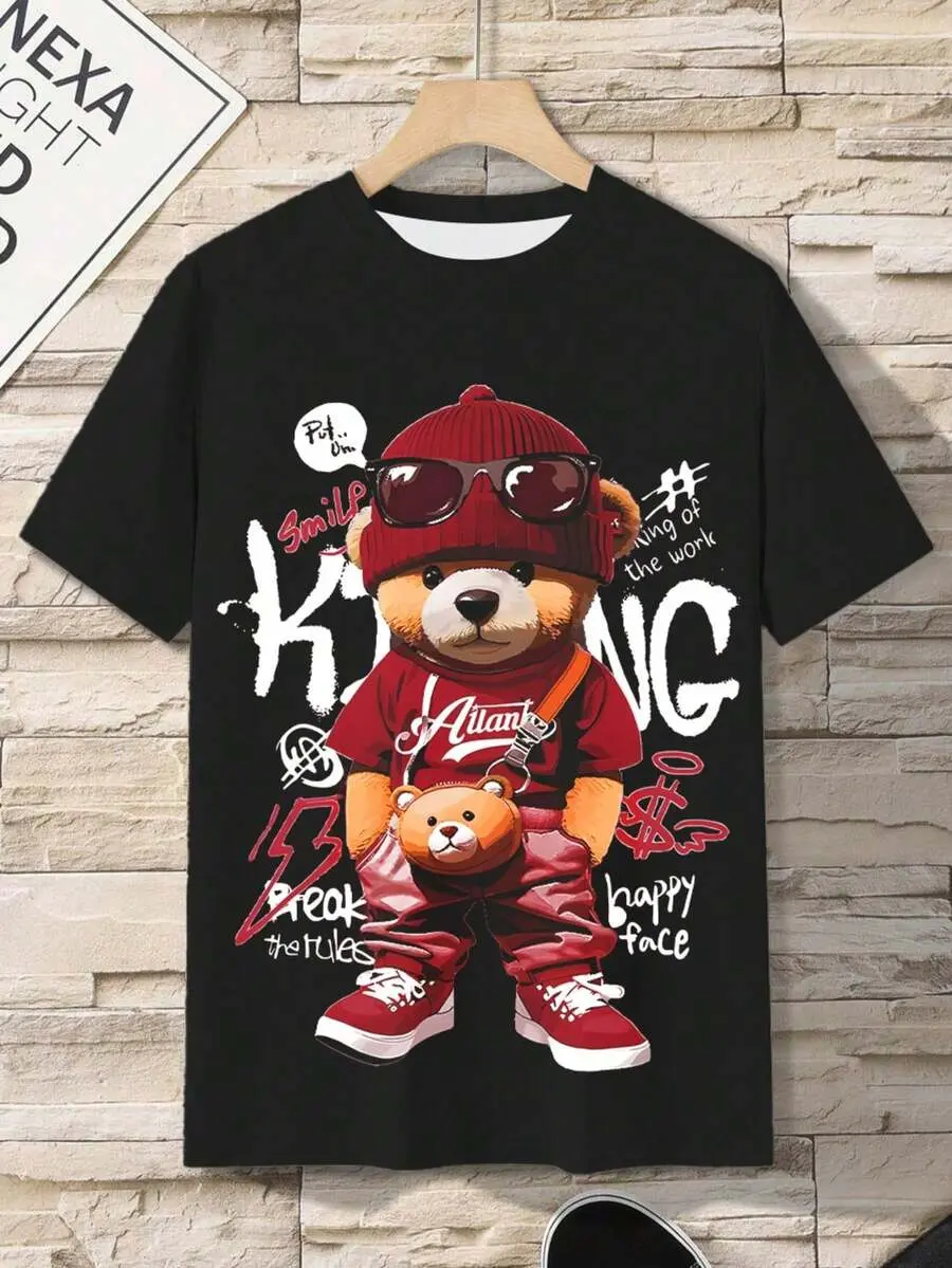 Men's Punk Bear 3D Digital Print Cartoon Bear Pattern Streetwear Round Neck T-Shirt - Breathable, Smooth Fabric Menswear Short-Sleeve Pullover Top for Day Outdoor Activities, Shortsleeve, Casual