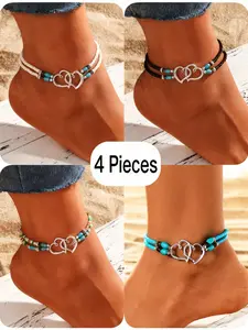 4pcs Boho Chic Beaded Anklet Set - Dainty Layered Anklet, Multicolor Shimmering Heartfelt Jewelry with Adjustable Elastic Cord, Mini Seed Beads, Hollow Double Heart Design, Ideal for Women's Party Favors and Casual Wear, Retro Style, Bohemia Style