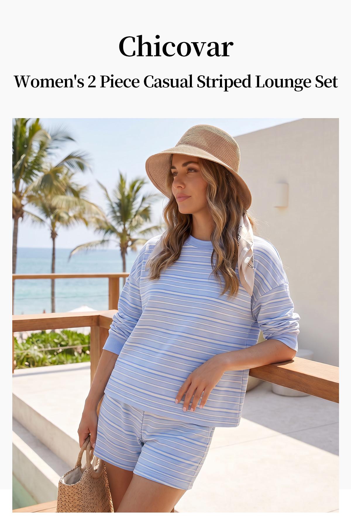 Chicovar Women's Striped Lounge Set, Oversized Long Sleeve Crewneck Top and Shorts Matching Set, Casual Relaxed Fit Two Piece Outfit, Comfy Everyday Loungewear #sohochic