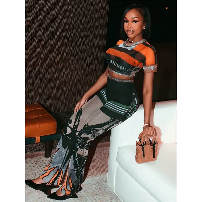 loose compression shirt Colorful Print 2-Piece Set Elasticity Women See Through o-Neck Tops+Flared Trousers Summer Trend Daily Matching Suits Womenswear Clothes Bridal Grey sleek pant coral  shorts fashion clothing tween girl solid color multi pocket High