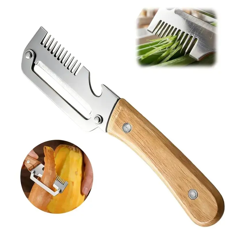 3-in-1 Stainless Steel Veggie Peeler with Wooden Handle - Food Veggie Cutter, Fruit Slicer Handheld, Bottle Opener, Non-Slip Grip, Rust-Proof Blade, Compact Portable Kitchen Utensils for Camping, Travel