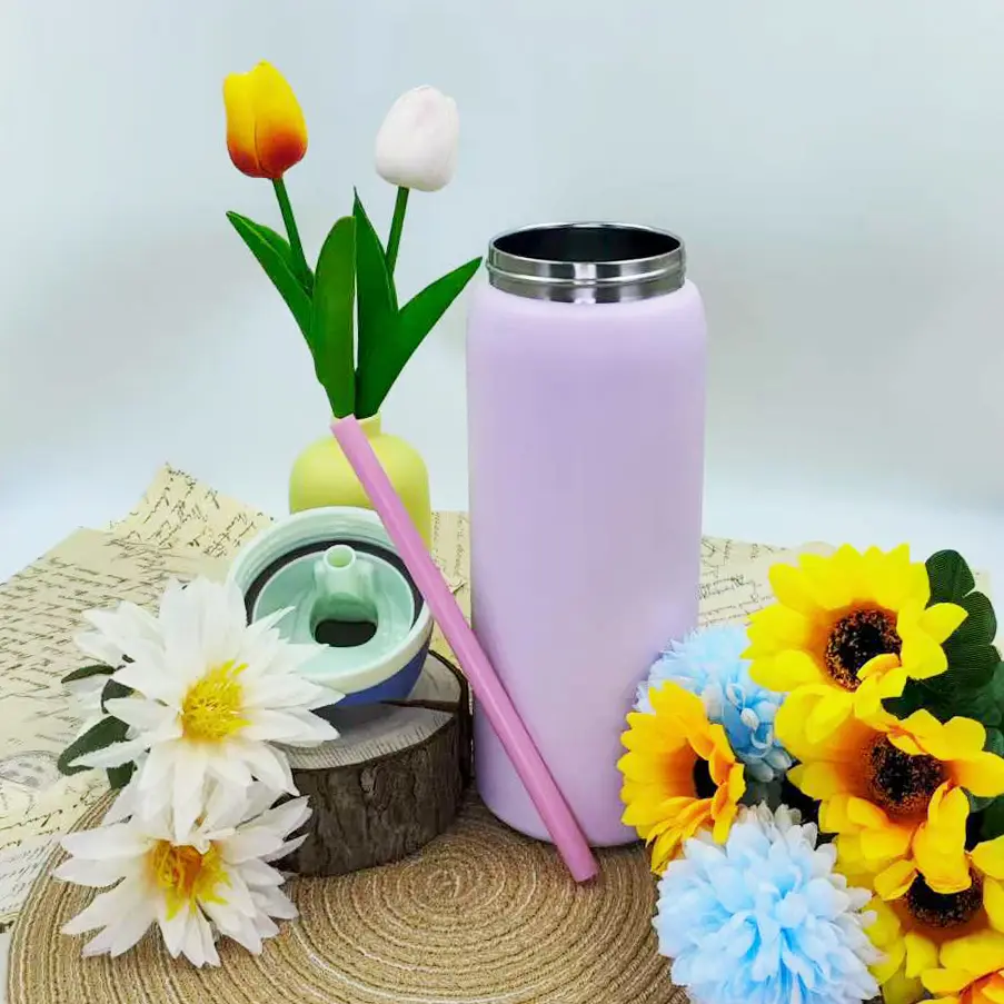 0wMacaron Rainbow reversible stainless steel Double Drink Sports Bottle with Straw, One hand press open lid with snap - Portable water bottle, double vacuum 100% leak proof -32 oz 945 ml bike kettle for outdoor sports, camping, office and travel