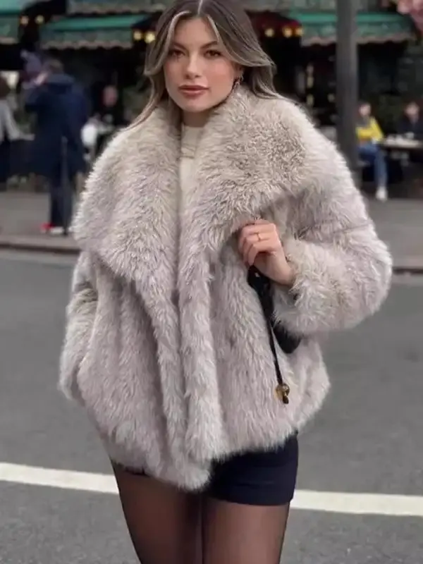 Women's Solid Color Faux Fur Luxury Jacket, Priscilla Fur Coat, Casual Warmth Long Sleeve Collared Fuzzy Coat for Fall & Winter, Women's Clothing for Daily Wear Outerwear