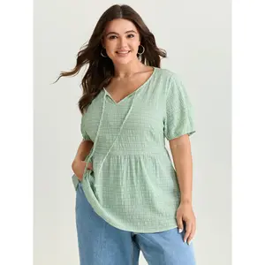 BloomChic Women's Plus Size Plaid Blouse - Grid Textured, Drawstring Neckline, Short Sleeve, Spandex Fabric, Smooth Fit, M-6X, 2026 Women's Plus Size Tops, Summer Wear