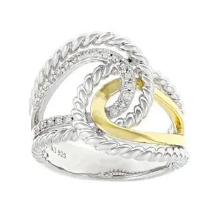 JTV White Lab-grown Diamond G-H SI 18K Gold and Rhodium Over Silver Rope Design Bypass Ring 0.20ctw