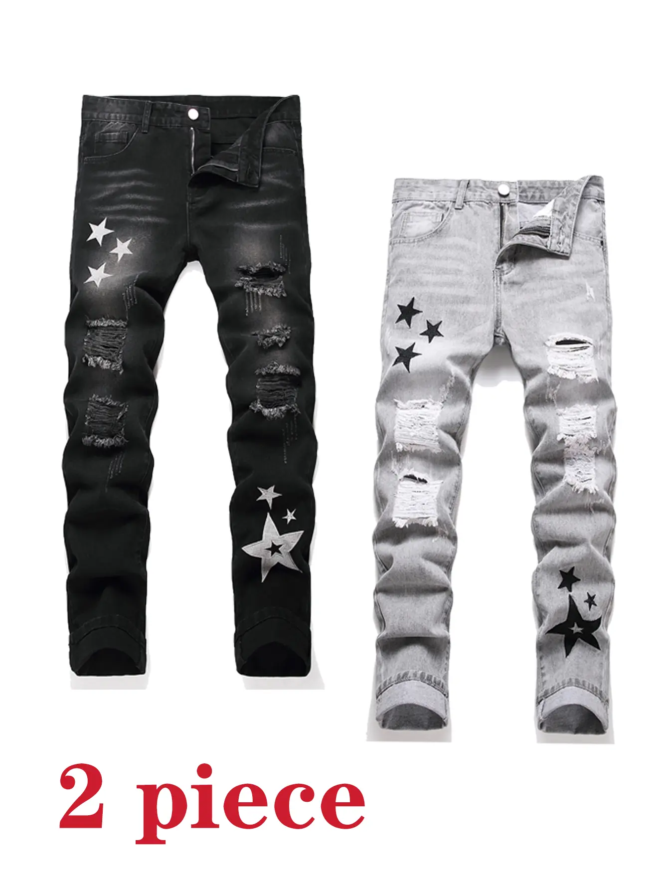2 Pieces Men's Jeans, Black & Grey Casual Ripped Slim Fit Denim Pants Breathable Streetwear Trousers Star Embroidered jeans for men