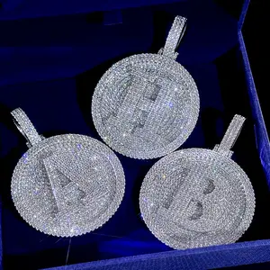 HELLOICE 10CT Moissanite Iced Out A-Z 26 Letter Disc Pendant 18K Gold Plated Pendant with 3mm 24inches Rope Chain