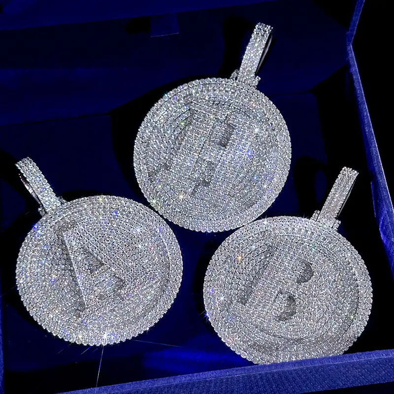 HELLOICE 10CT Moissanite Iced Out A-Z 26 Letter Disc Pendant 18K Gold Plated Pendant with 3mm 24inches Rope Chain
