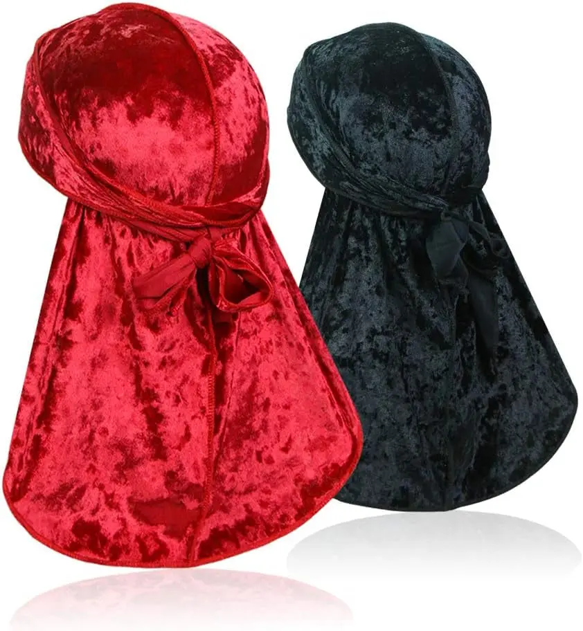 2 PCS Premium Soft Crushed Velvet Wave Durag Head Scarves, Extra-Long Tail Headwrap Fashionable Head Scarves for 360 Waves (Fashion Accessories), Head Scarf