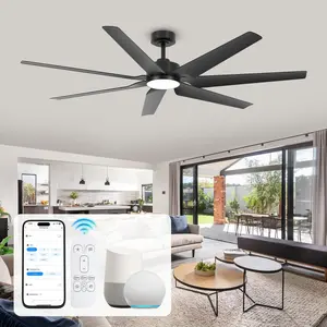 65 Inch Outdoor Ceiling Fan with Light, Smart Black Industrial Ceiling Fan with Remote, Waterproof 7 Blade High CFM Patio Fan, Quiet DC Motor, Alexa/App Control