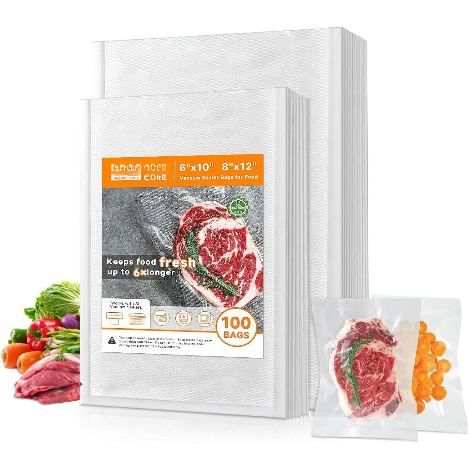 Kitchen Vacuum Sealer Bags - 100 2-Size Rectangular Bags (6"x10", 8"x12"), Heavy-Duty Meal Prep Storage for Families Who Love to Prep Ahead, Puncture-Safe, Freezer-Safe, Sous Vide Compatible with Vacuum Sealers