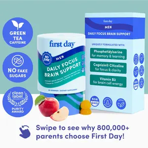 First Day Men's Focus Gummies 18+, Natural Apple Flavor — Cognizin Citicoline, Phosphatidylserine, Green Tea Caffeine — Sharper Focus, Stronger Memory, Improved Recall, Fight Brain Fog — 30-Day Supply, Vegan, No Junk