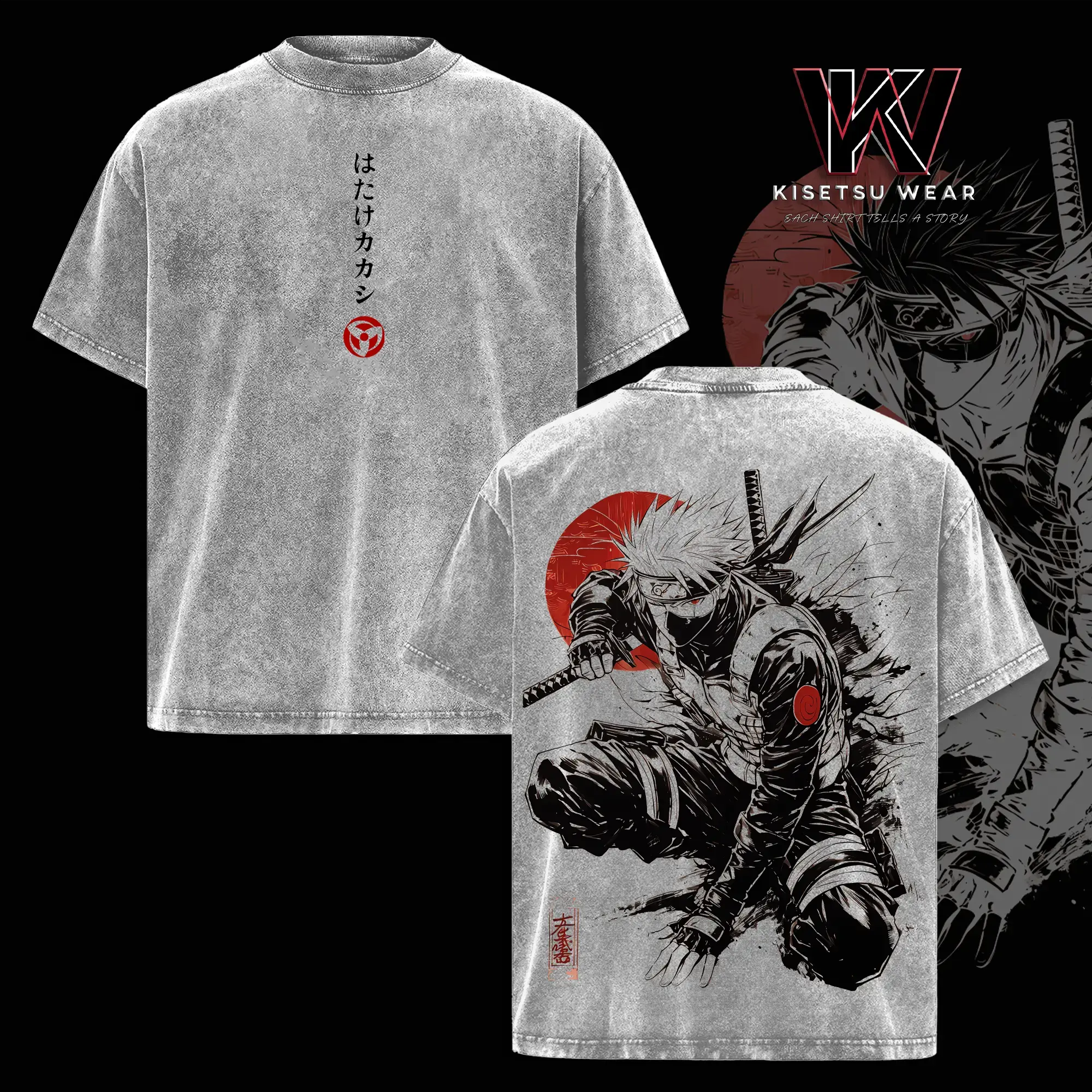 Kakashi Hatake Vintage Washed Graphic Tee | Naruto Anime Oversized Streetwear | Sharingan Ninja Unisex Heavyweight Cotton Top Gift