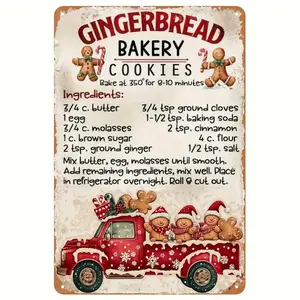 1pc Vintage Christmas Gingerbread Bakery Metal Sign - Retro Red Truck & Gingerbread Cookies Decor - Heavy-Duty Iron Construction - Easy Hang Pre-Drilled Holes - No Electricity Needed - Indoor/Outdoor Holiday Decoration for Kitchen, Bakery, Living Room - C