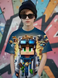 Kids Single Short-Sleeve T-Shirt - Trendy Print, Minecraft Pixel-Style Themed Print T-Shirt