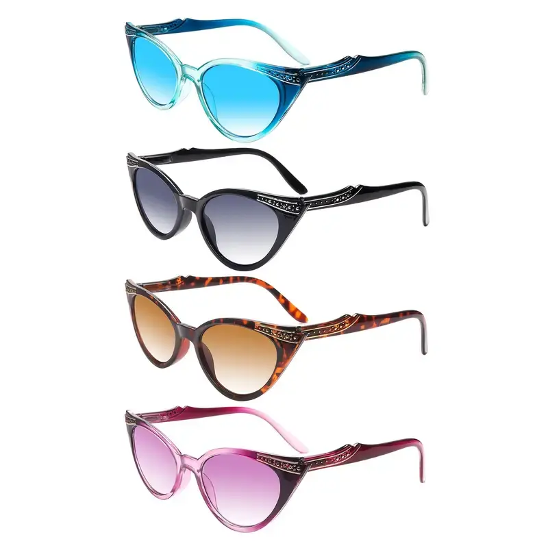 Women's 4-Pack Multi-Pack Stylish Readers Blue Light Blocking Reading Glasses - Oversized Asymmetrical Cat-Eye Frame, Adjustable Spring Hinges, Durable Lenses, Comfortable Wear, Outdoor Use