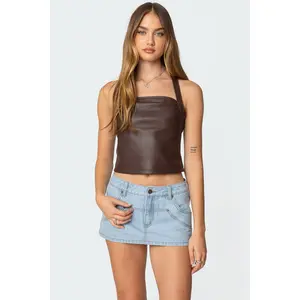 Draped Faux Leather Halter Top