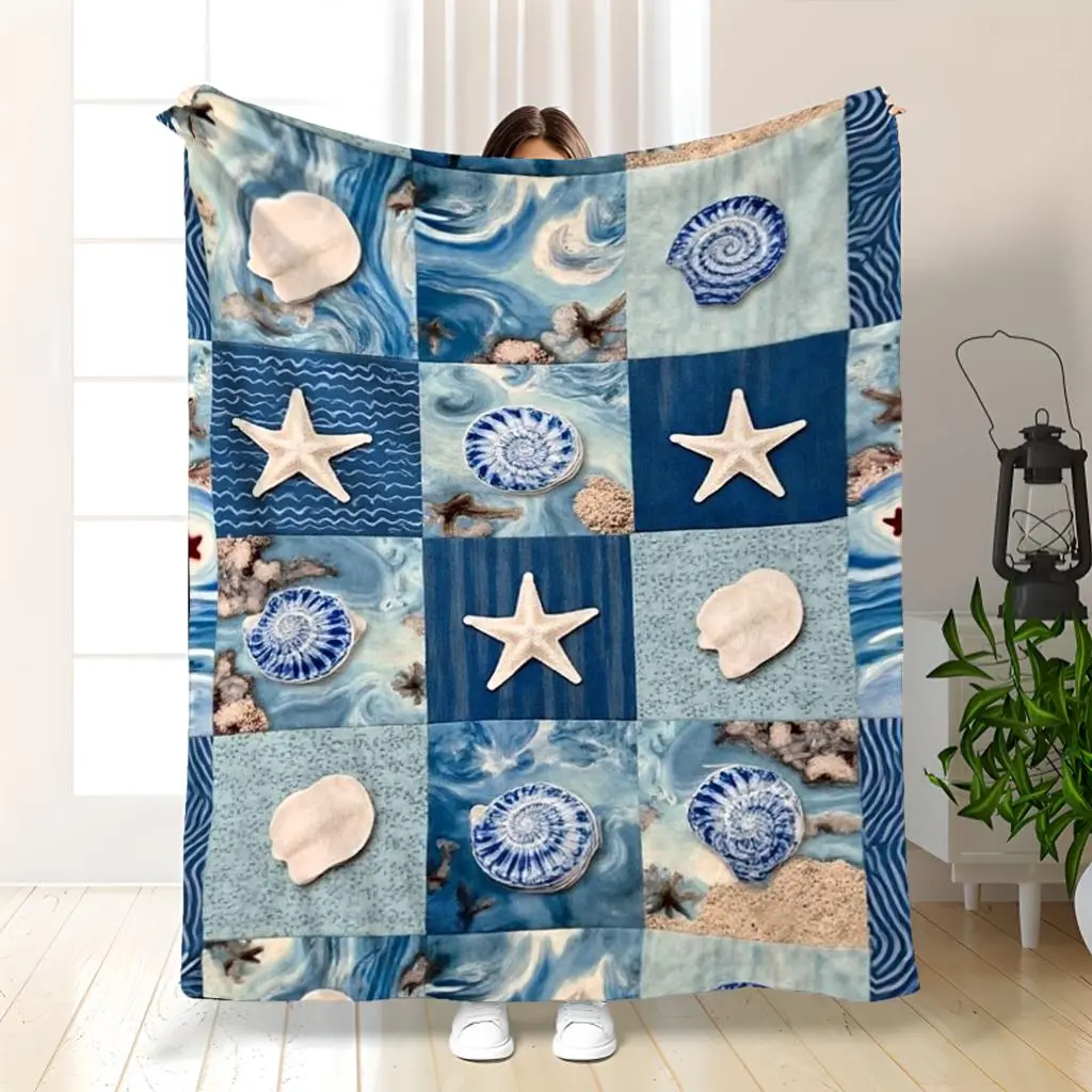 1pc Coastal Beach Theme Quilt Blanket |   Nautical Seashell Design, Soft Flannel Throw for Sofa, Bed, Office, Car, Camping - Vintage Style, All-Season Gift, Beach Decor, Polyester