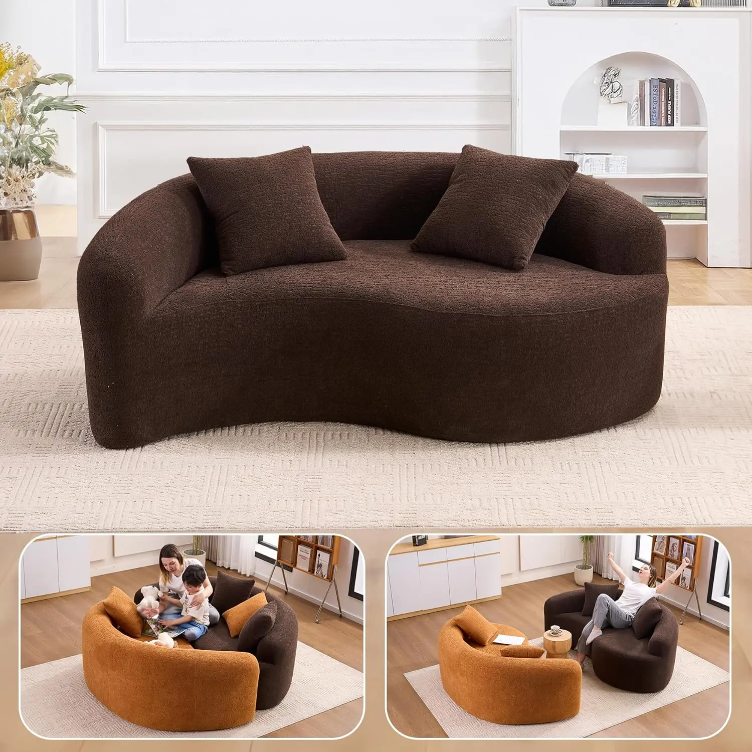 66.9" Curved Loveseat Sofa for Living Room, Modern Luxury Plush Chenille Full Compression Modular 2-Seater Couch with 2 Pillows, Suitable for Small Spaces, Living Room, No Assembly Needed (Brown)