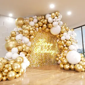 White And Gold Balloon Arch Set, 140 Matte White Metallic Gold And Gold Sequined Party Balloon Wreath Set, Suitable For Weddings, Engagements, Birthdays, Bridal Showers, Baby Showers, Anniversary Decorations, Happy Birthday