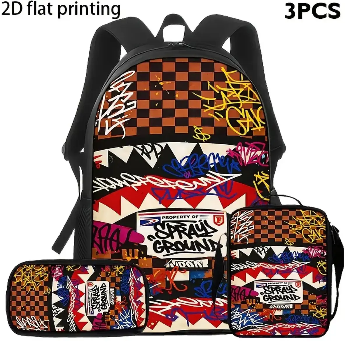 Sprayground Graffiti Shark Mouth 3Pcs Backpack Set With Lunchbox And Pen Pouch, 17 Inch Large Capacity Travel Rucksack Daypack, Street Style Checkered Backpack Lunchbag For Teens Students