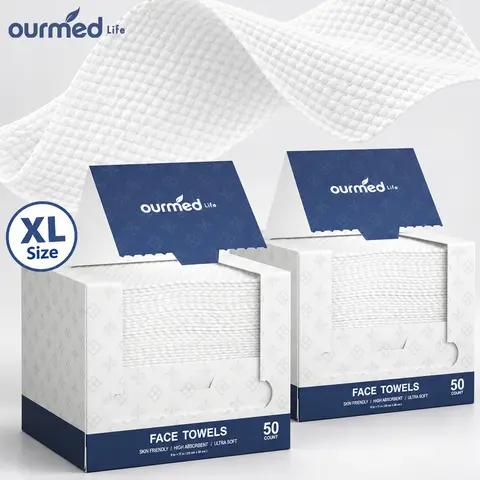 Ourmed Life Super Soft Disposable Face Towels Flip-Top Lid 11"X9" Thick Lint Free Plant Based Double Texture Wet & Dry Use Biodegradable For Sensitive Skin Cleansing Makeup Removal 50/100 Count