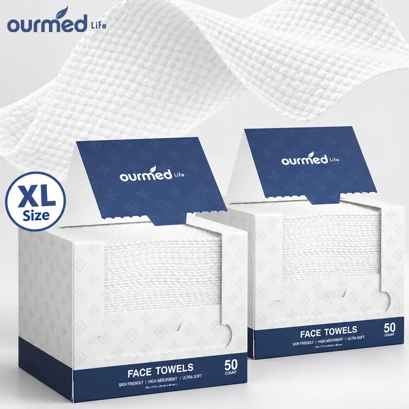 Ourmed Life Super Soft Disposable Face Towels Flip-Top Lid 11"X9" Thick Lint Free Plant Based Double Texture Wet & Dry Use Biodegradable For Sensitive Skin Cleansing Makeup Removal 50/100 Count