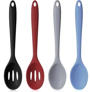4pcs Small Silicone Kitchen Utensil Set, 8.07 in x 1.73 in Nonstick Heat Resistant Cooking Serving Spoons With Slotted Design For Easy Draining Modern Mixed Color For Kitchen And Outdoor Camping Tableware