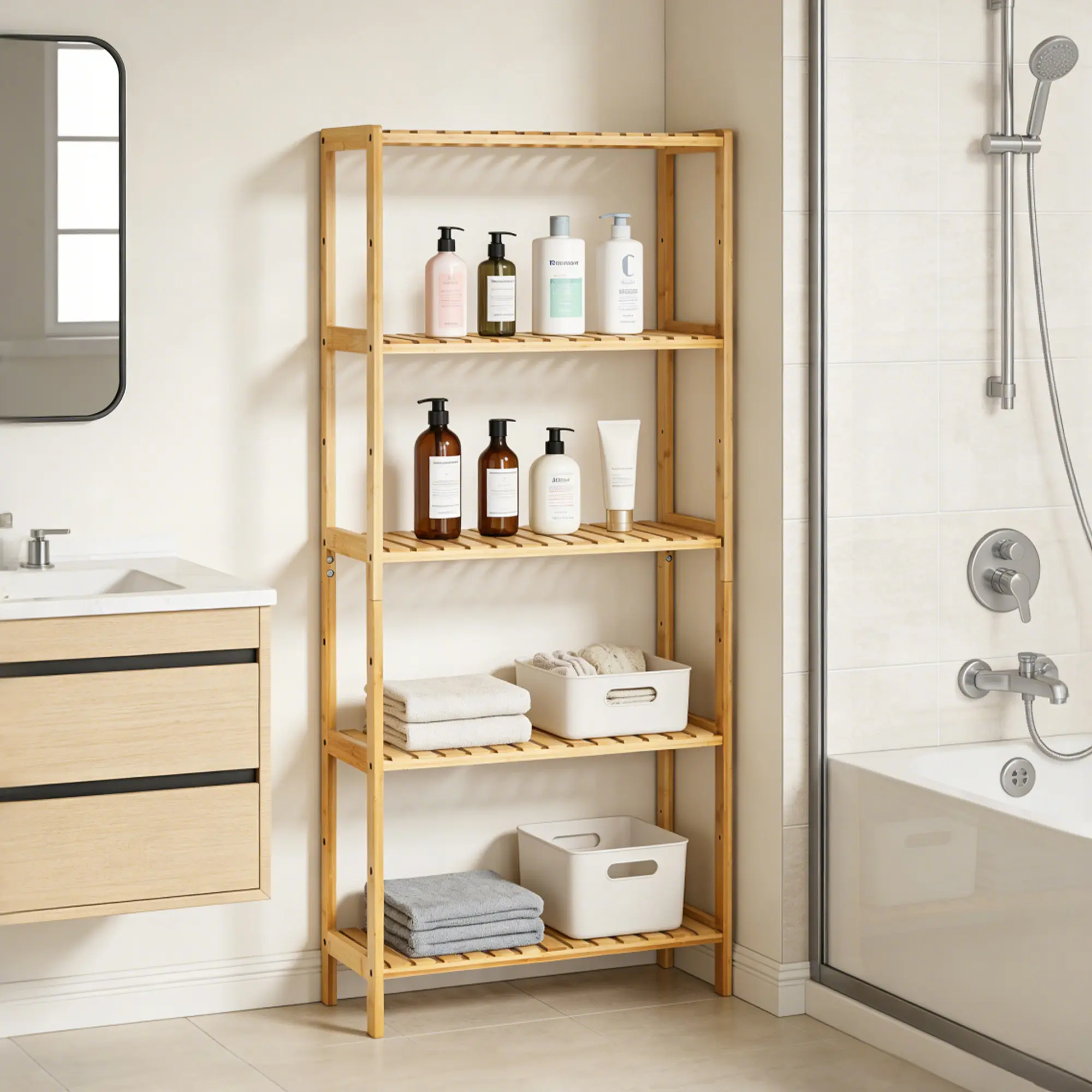5-Tier Bamboo Wood Standing Shelf Unit - Freestanding Narrow Corner Bathroom Organizer Rack for Entryway, Kitchen, Natural Bamboo Widened Plant Rack, Bamboo Wood Standing Shelf Units