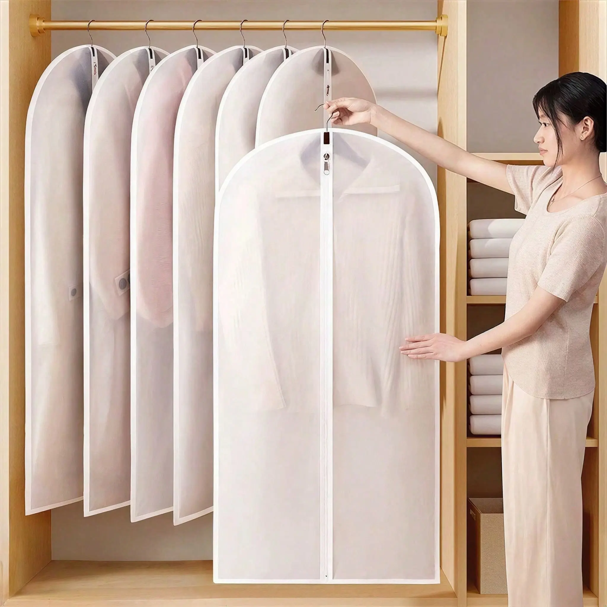 5pcs Clear Hanging Garment Bags With Zipper, Breathable Dustproof Clothes Protector Covers For Suits, Coats, Dresses, Long Jackets, Shirts & Sweaters, Transparent Wardrobe Closet Storage Organizer For Home, Bedroom, Dorm & Travel
