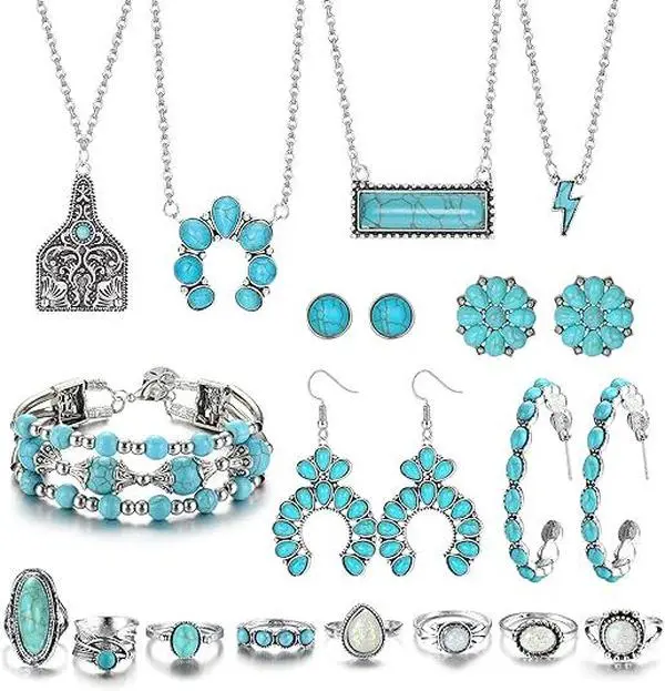 Set of Western-Style Jewelry for Women, Featuring a Turquoise Necklace, Turquoise Hoop Dangle Earrings, a Cuff Bracelet, Turquoise Knuckle Rings,All in a Bohemian Design sohochic
