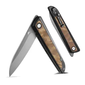 #fathersdaygift FLISSA Pocket Knife, Folding Knife with D2 Steel Blade, Liner Lock, Aluminum Alloy & Wooden Handle, Ball Bearing and Pocket Clip for EDC, Camping, Hiking, Outdoor Activities