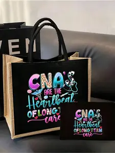 Stylish CNA print tote bag set with makeup pouch. Nurse-themed large capacity shoulder bag with sturdy straps, soft fabric & reusable design. Lightweight for daily commute & travel, hand wash recommended. Commuter Tote Bag
