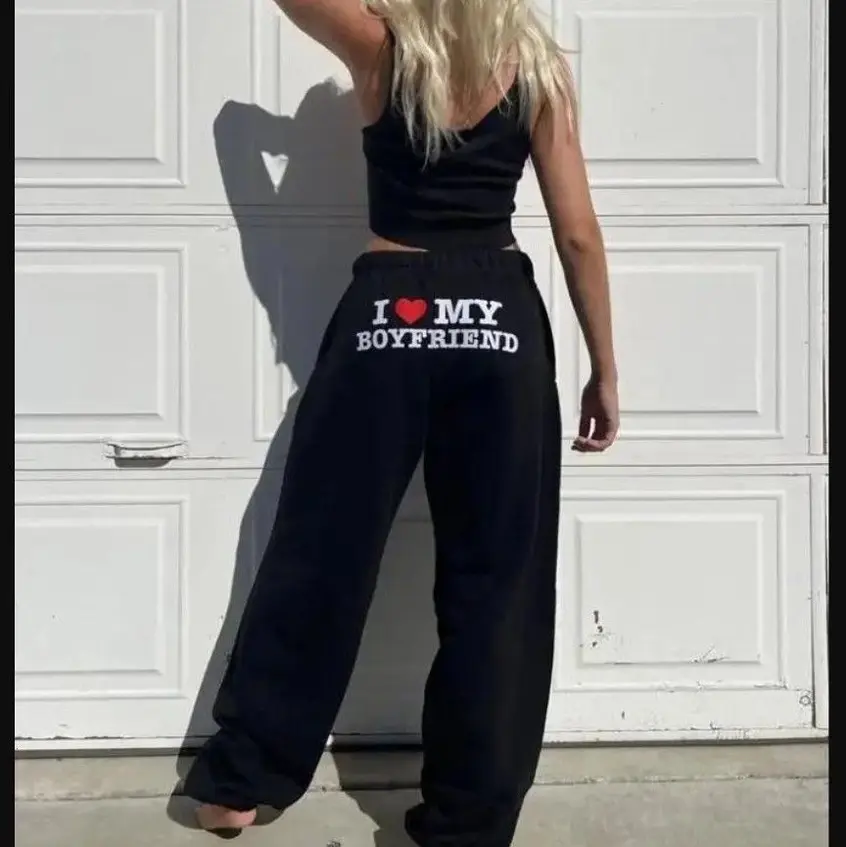 I Love My Boyfriend Printed Sweatpants Y2k High Elastic Waist Outdoor, Trendy Casual Pants, Trendy Top Sweatpants, Cotton Graphic Casual Joggers, Sweatpants Gift For Boyfriend, Him Or Her