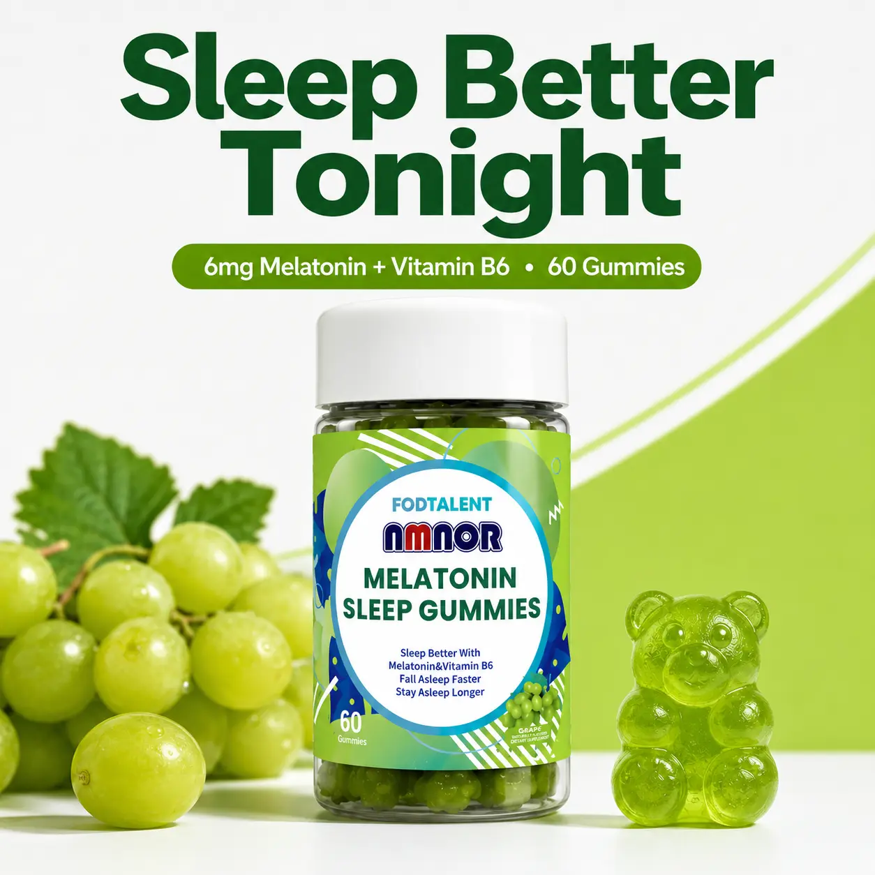 NMNOR Chewable Melatonin Dietary Supplement Gummies for Adults - Gluten-Free, GMO-Free, 6mg Melatonin with Vitamin B6, Grape Flavor, 60 Pieces (60 Gummies per Bottle), Supports Sleep, 24 Months Shelf Life, Natural Bedtime Routine Support