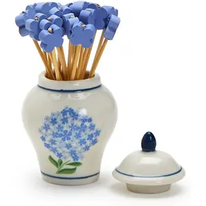 Hydrangea Ginger Jar & Bamboo Cocktail Picks Set - Elegant Ceramic Decor Piece with 20 Eco-Friendly Picks for Entertaining, Blue