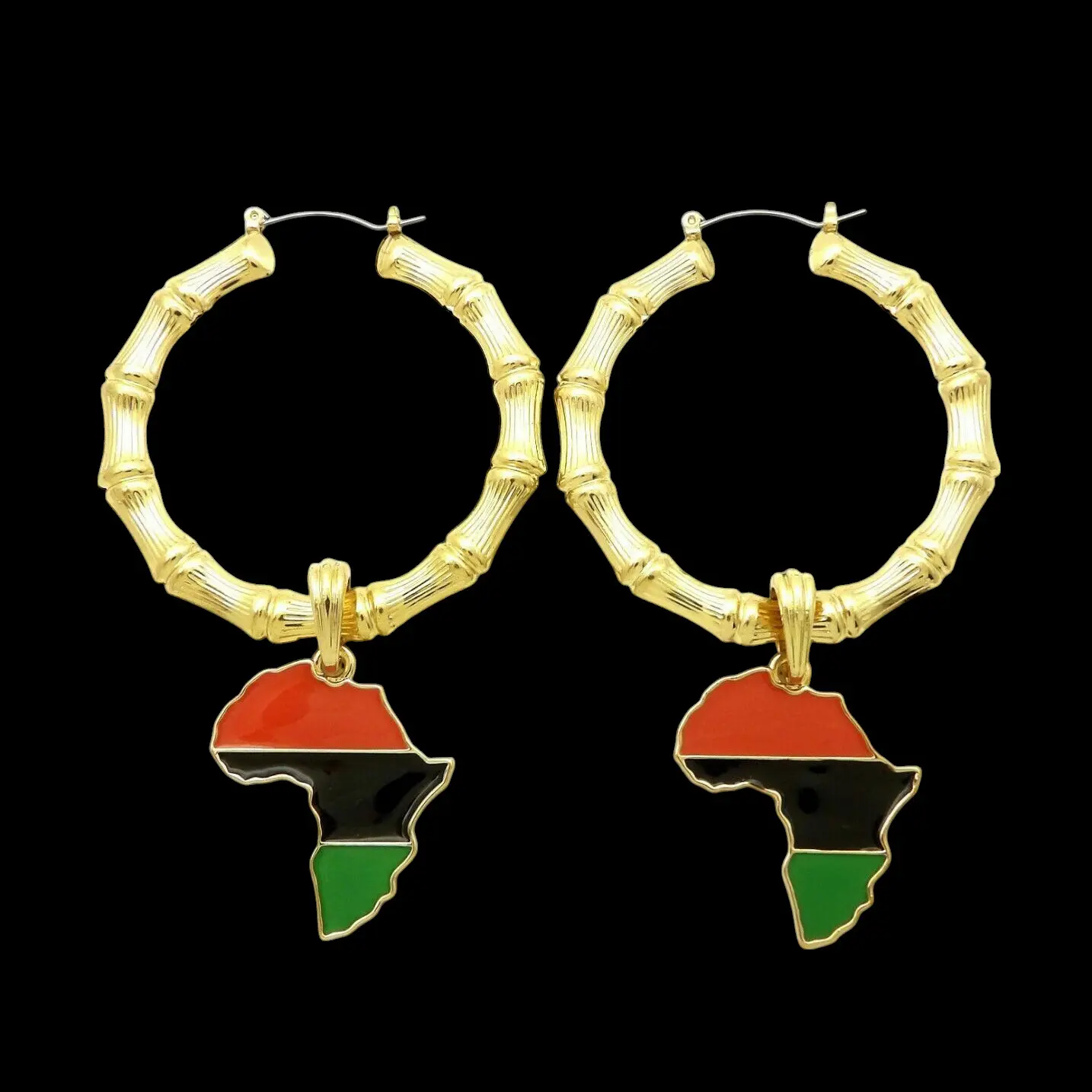 MaxBling81 Unisex Bamboo Hoop Earrings, Gold Metal Coating Statement Earrings with Africa Map & Ankh Dangling Charms, 2.15x2.15in