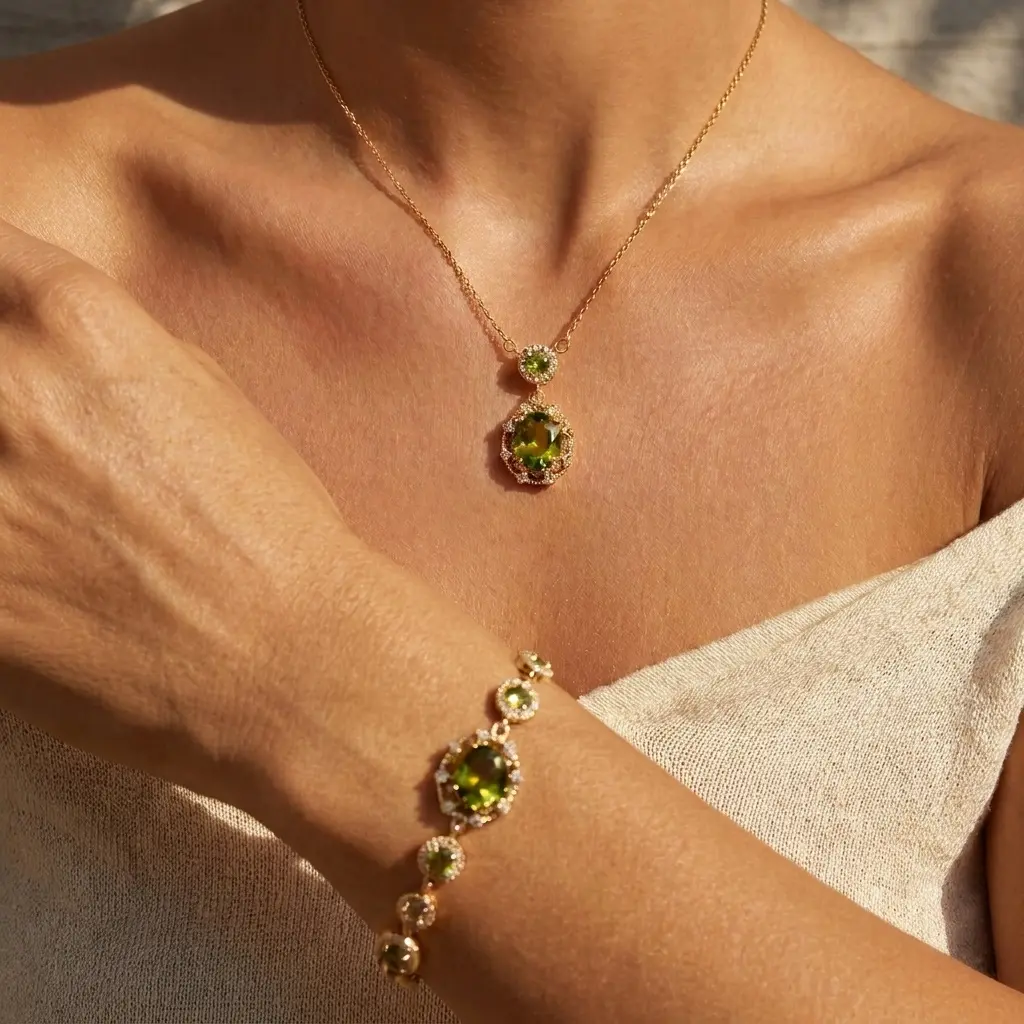 Olive Green Crystal Adjustable Jewelry Set | 14K Gold Plated Hypoallergenic Cubic Zirconia Necklace & Slider Bracelet | Waterproof Tennis Chain for Summer Vibes | Perfect Mom Gift & Thoughtful y2k Jewelry for Women | summervibes